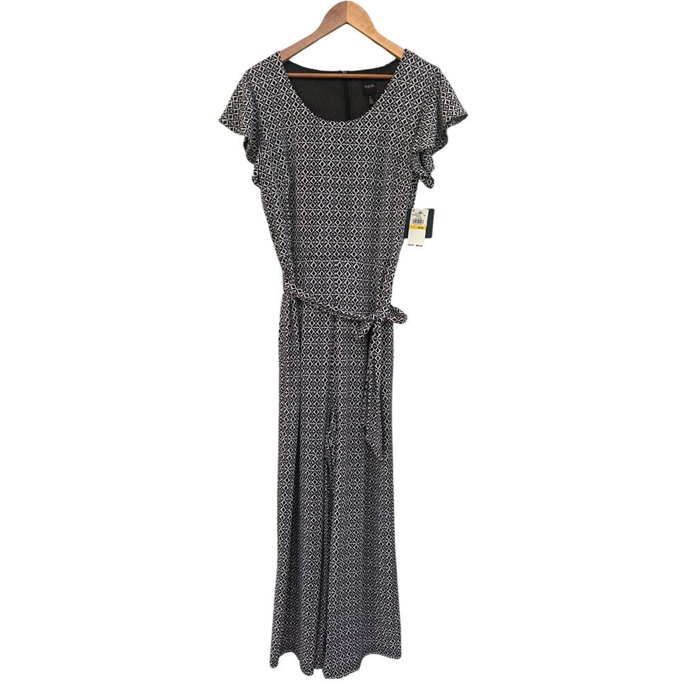 NWT Rafaella Geometric Wide Leg Jumpsuit M Black White Flutter Sleeve Belted